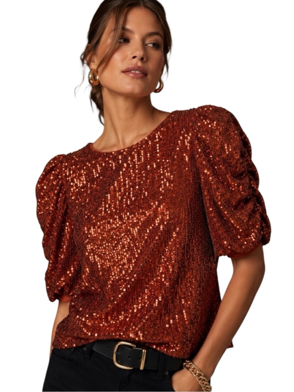 Anthropologie 🎃 Marie Sequined Ruched Puff-Sleeve Top Rust Orange Size 14